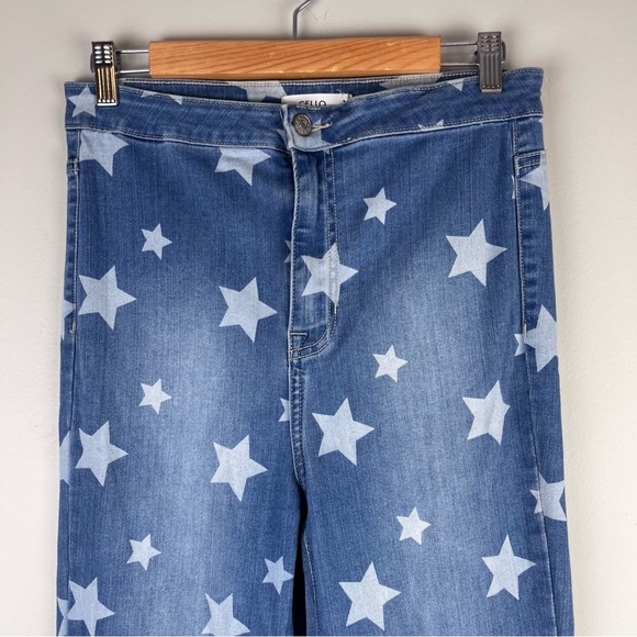 Cello Star Print Denim Blue Jeans High Waisted Bell Bottom Wide Leg Size 9 - Picture 4 of 14